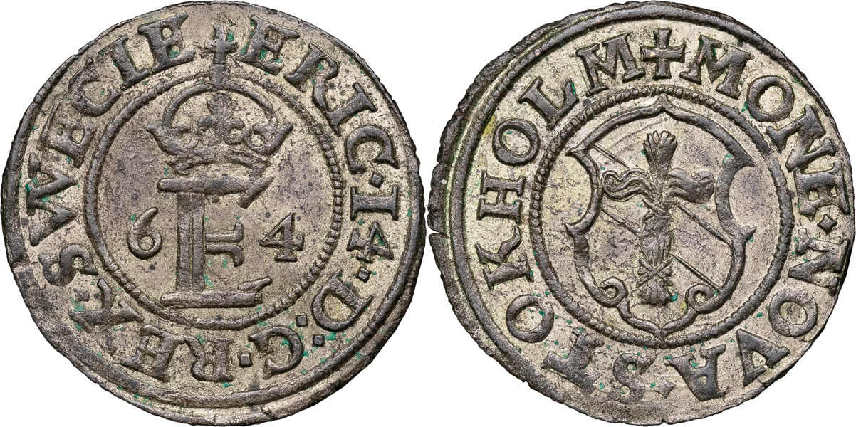 ERIK XIV (1560-1568). STOCKHOLM. 1/2 öre 1564.