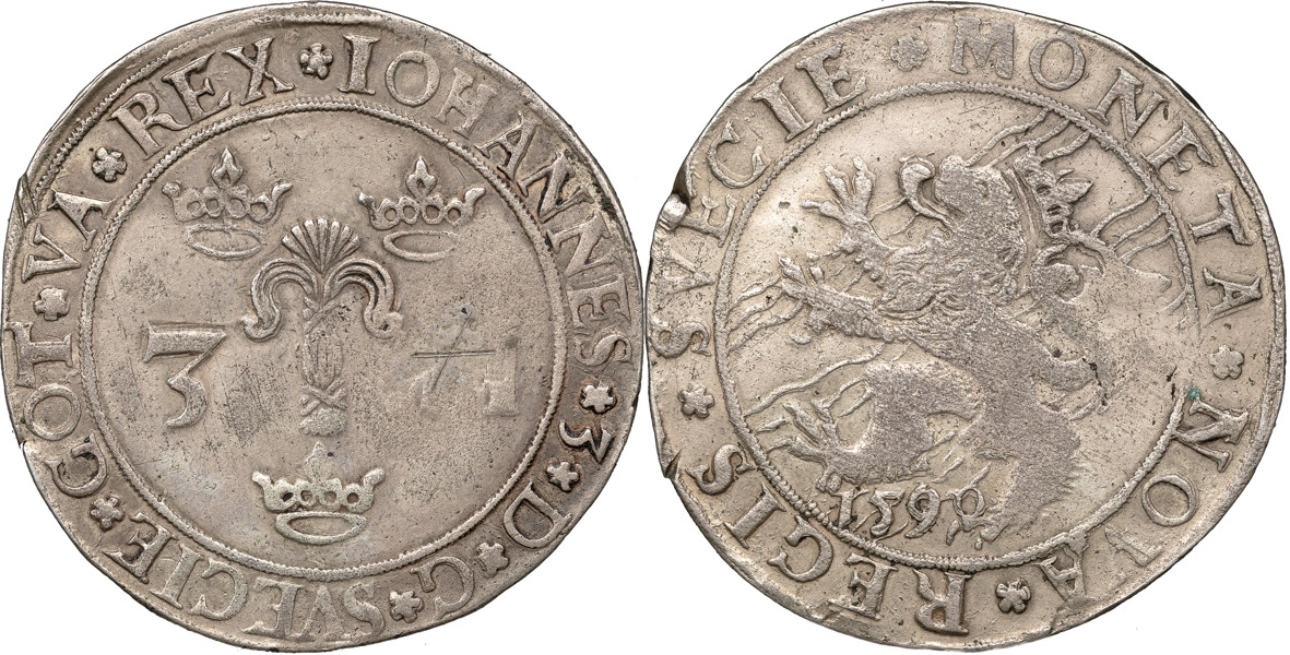 JOHAN III (1568-1592). STOCKHOLM. 3 mark 1590.