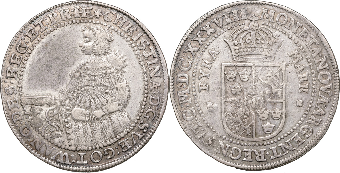 KRISTINA (1632-1654). STOCKHOLM. 4 mark 1638.