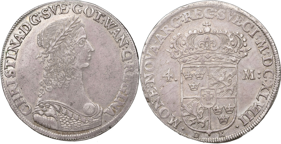 KRISTINA (1632-1654). STOCKHOLM. 4 mark 1648.