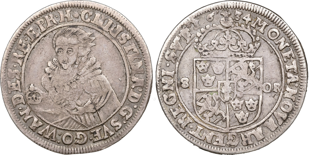KRISTINA (1632-1654). STOCKHOLM. 8 öre (1 mark ) 1634.