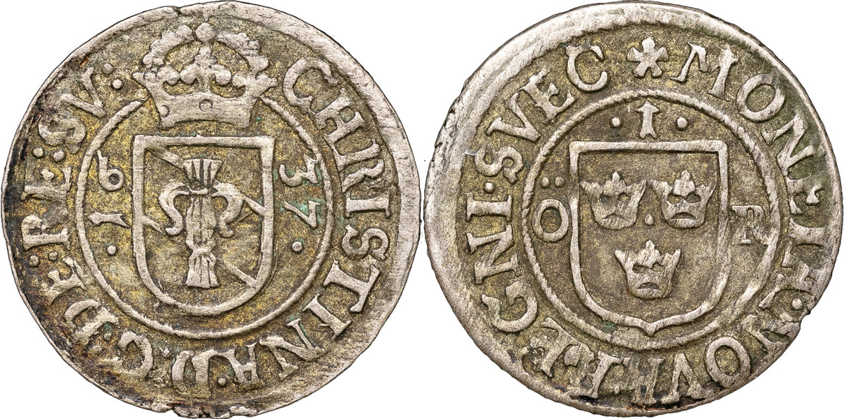 KRISTINA (1632-1654). STOCKHOLM. Öre 1637.