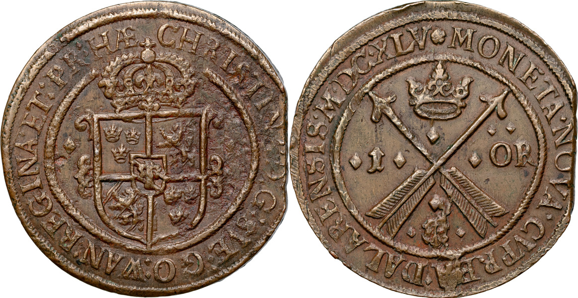 KRISTINA (1632-1654). AVESTA. Öre 1645.