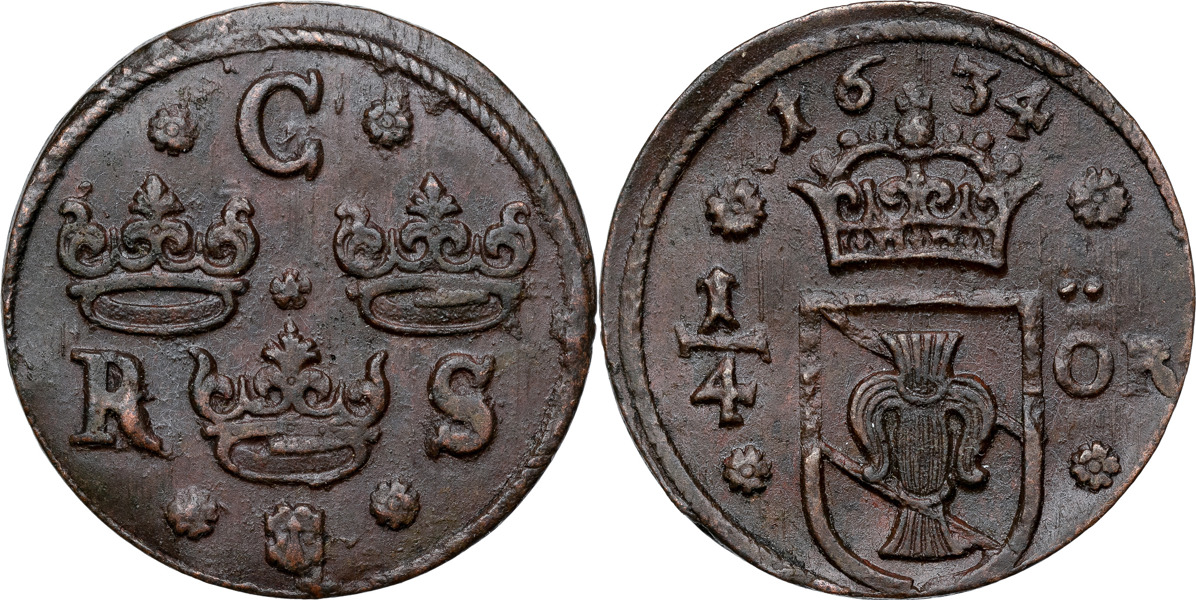 KRISTINA (1632-1654). NYKÖPING. 1/4 öre 1634.