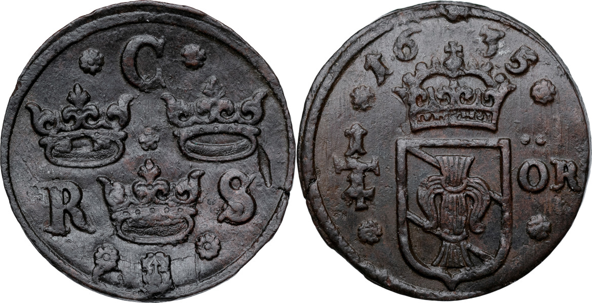 KRISTINA (1632-1654). SÄTER. 1/4 öre 1635.