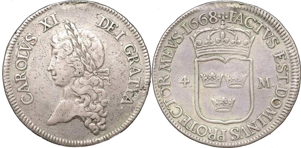 KARL XI (1660-1697). STOCKHOLM. 4 mark 1668.