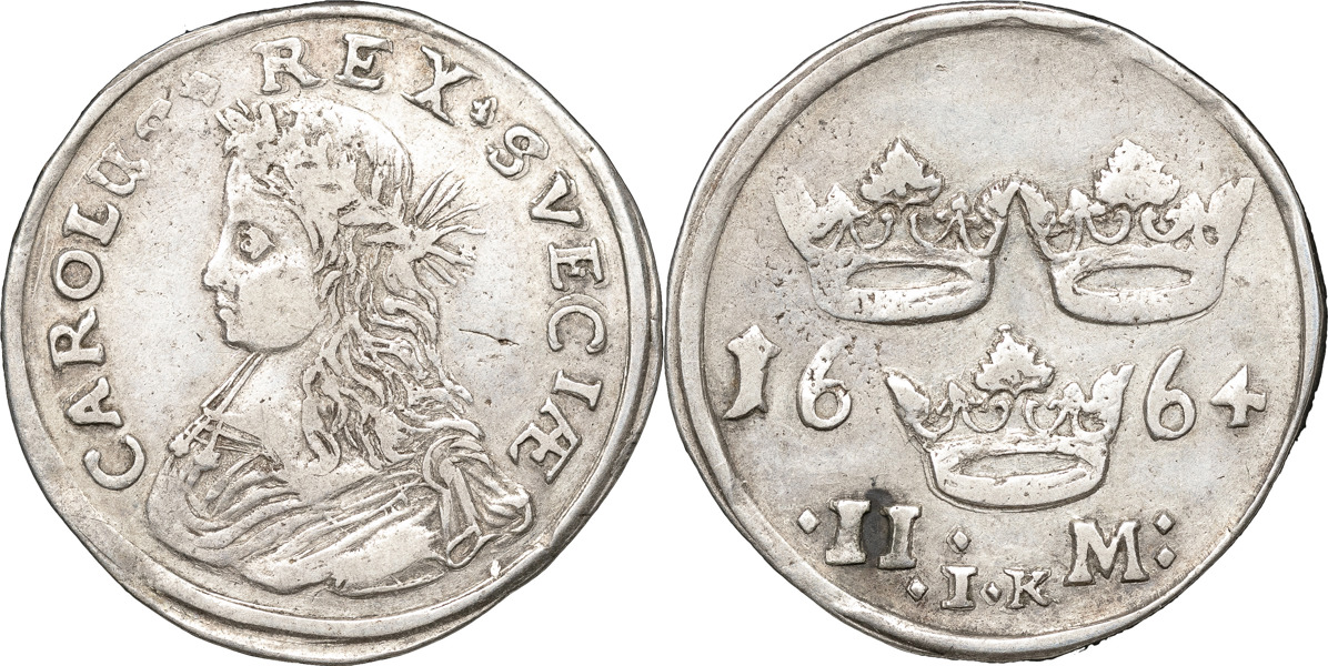 KARL XI (1660-1697). STOCKHOLM. 2 mark 1664.