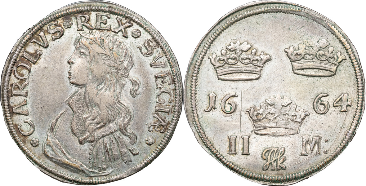 KARL XI (1660-1697). STOCKHOLM. 2 mark 1664.