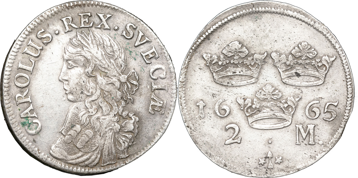 KARL XI (1660-1697). STOCKHOLM. 2 mark 1665.