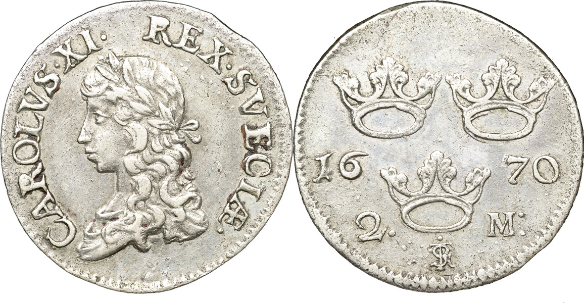 KARL XI (1660-1697). STOCKHOLM. 2 mark 1670.