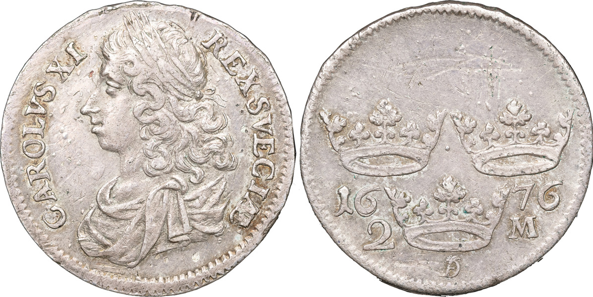 KARL XI (1660-1697). STOCKHOLM. 2 mark 1676.