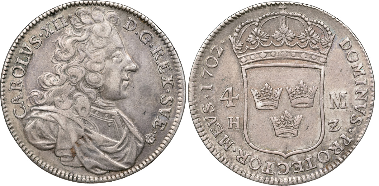 KARL XII (1697-1718). STOCKHOLM. 4 mark 1702.