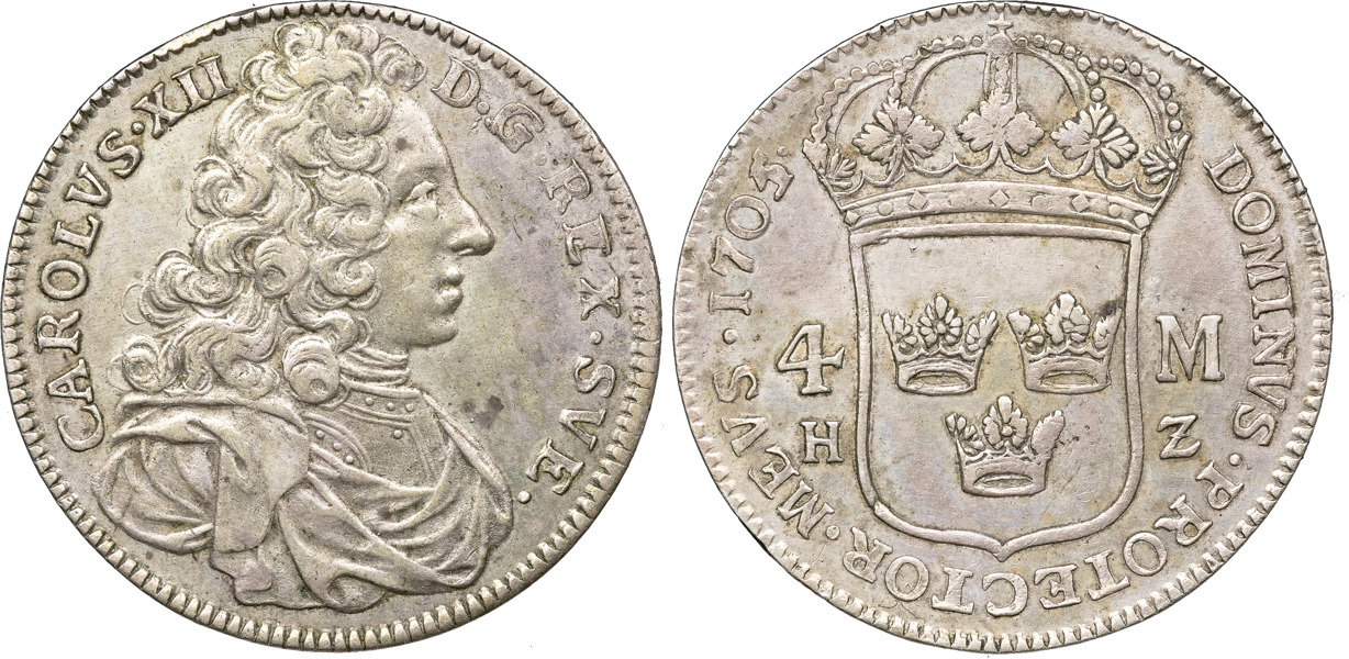 KARL XII (1697-1718). STOCKHOLM. 4 mark 1705.