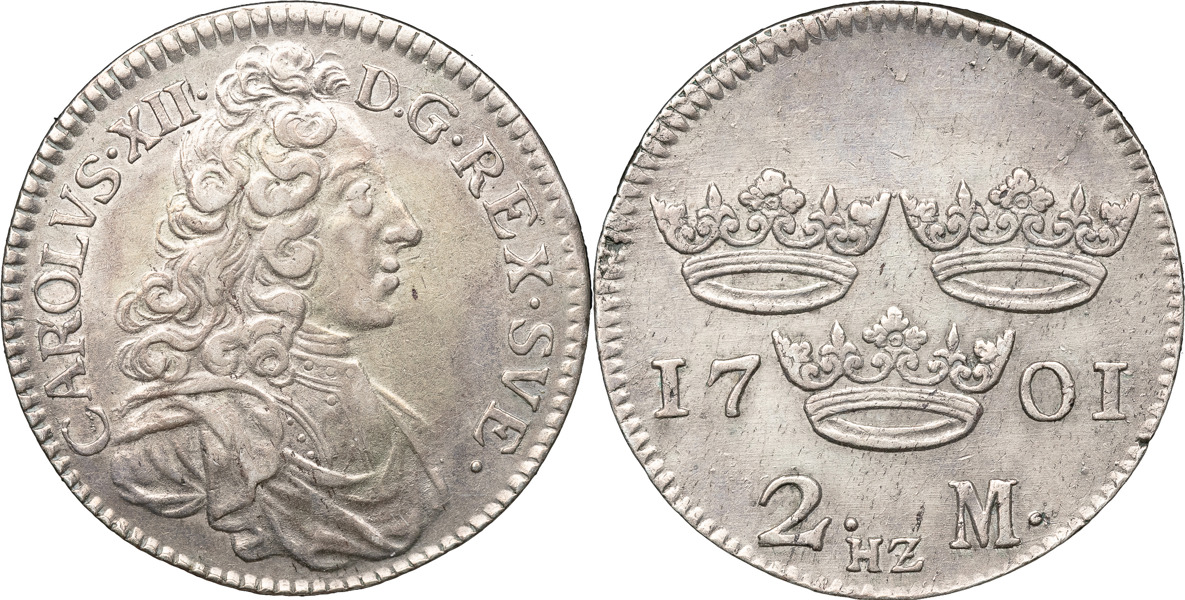 KARL XII (1697-1718). STOCKHOLM. 2 mark 1701.