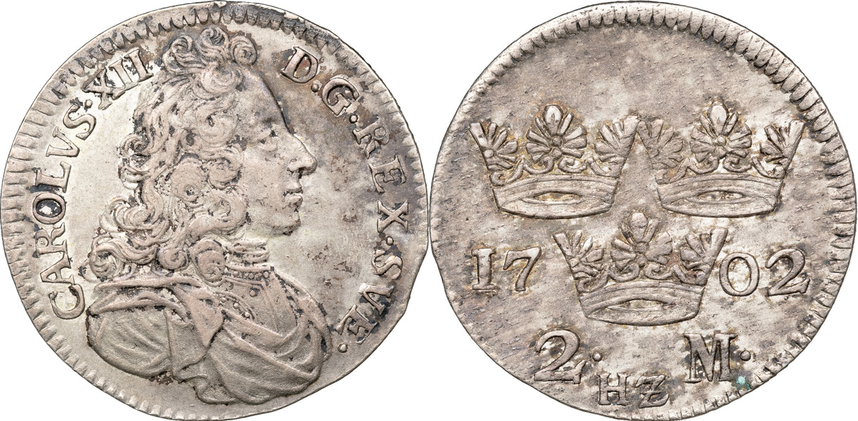 KARL XII (1697-1718). STOCKHOLM. 2 mark 1702.