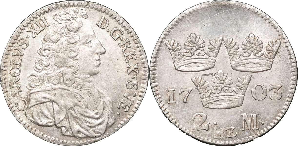 KARL XII (1697-1718). STOCKHOLM. 2 mark 1703.