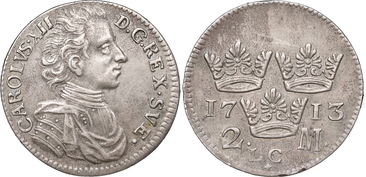 KARL XII (1697-1718). STOCKHOLM. 2 mark 1713.