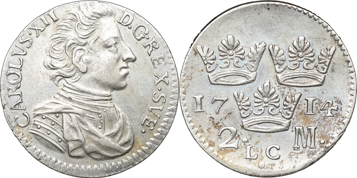 KARL XII (1697-1718). STOCKHOLM. 2 mark 1714.