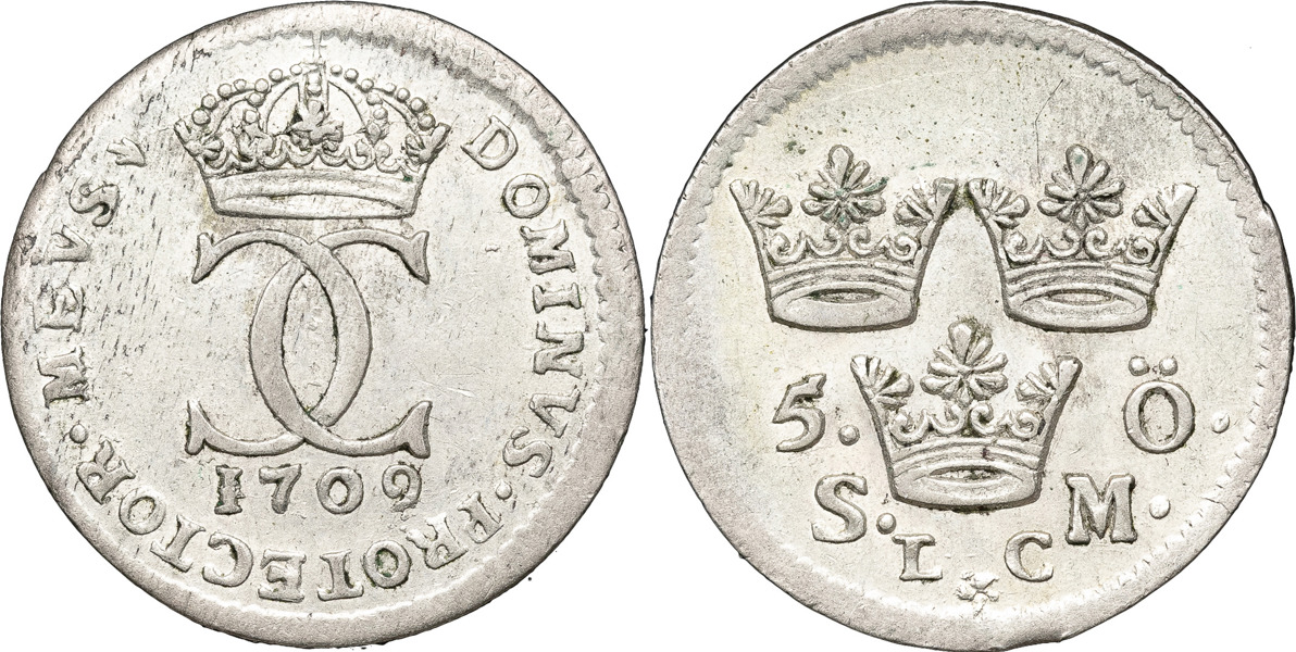 KARL XII (1697-1718). STOCKHOLM. 5 öre 1709.