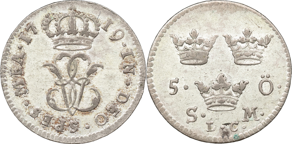 ULRIKA ELEONORA (1718-1720). STOCKHOLM. 5 öre 1719.