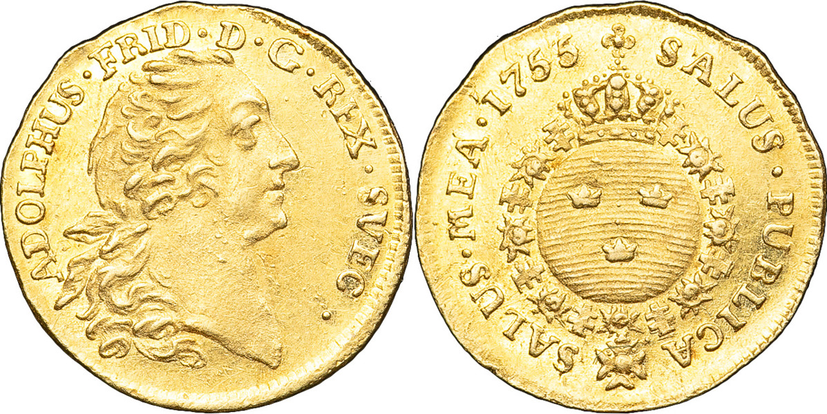ADOLF FREDRIK (1751-1771). STOCKHOLM. 1/4 dukat 1755.