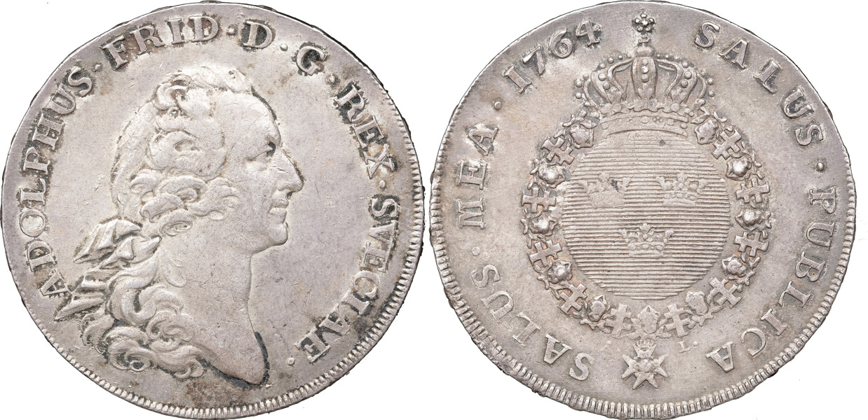 ADOLF FREDRIK (1751-1771). STOCKHOLM. Riksdaler 1764.