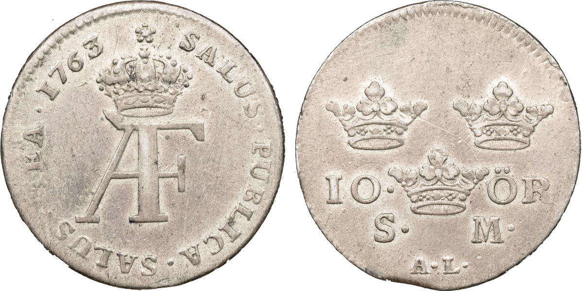 ADOLF FREDRIK (1751-1771). STOCKHOLM. 10 öre 1763.