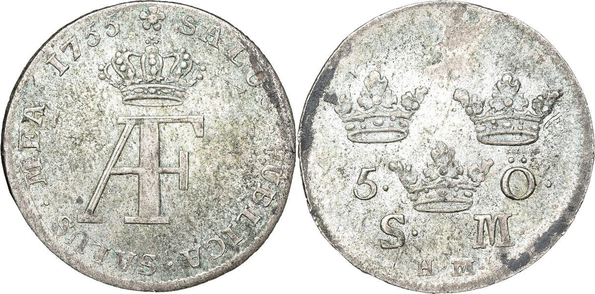ADOLF FREDRIK (1751-1771). STOCKHOLM. 5 öre 1755.