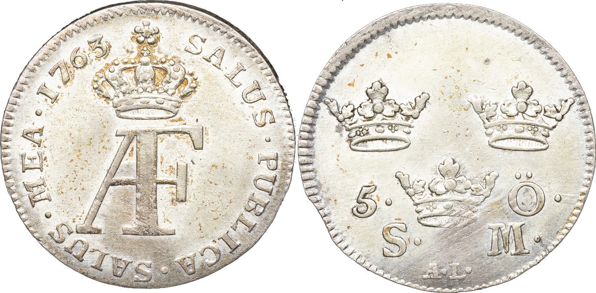 ADOLF FREDRIK (1751-1771). STOCKHOLM. 5 öre 1763.
