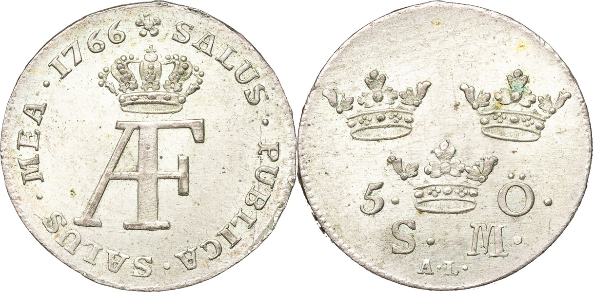 ADOLF FREDRIK (1751-1771). STOCKHOLM. 5 öre 1766.