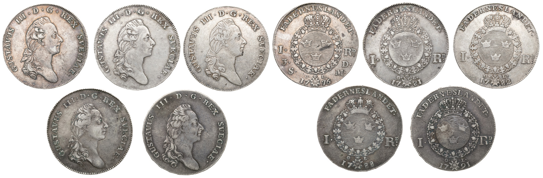 GUSTAV III (1771-1792). STOCKHOLM. Riksdaler 1776, 1781, 1782, 1788, 1791.