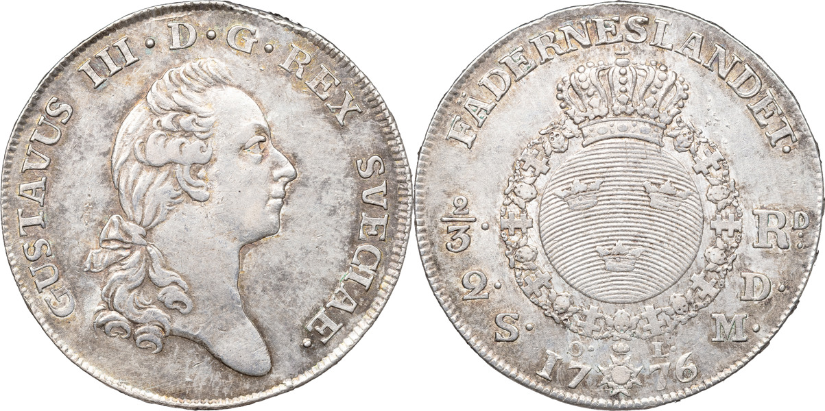 GUSTAV III (1771-1792). STOCKHOLM. 2/3 riksdaler / 2 daler SM 1776.