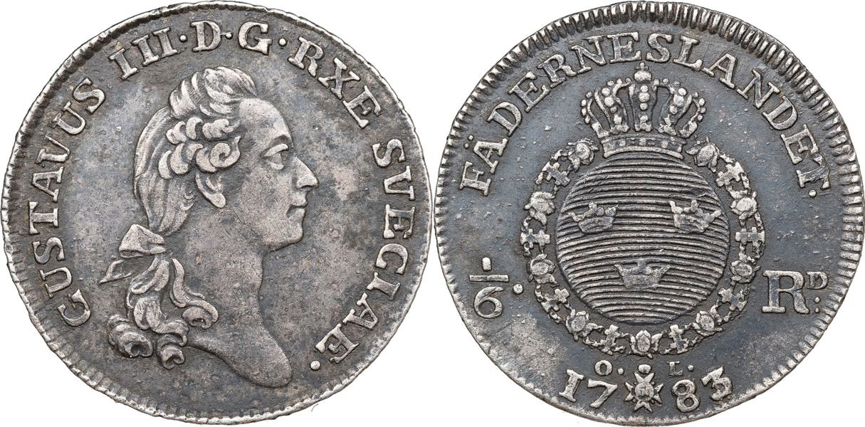 GUSTAV III (1771-1792). STOCKHOLM. 1/6 riksdaler 1783.