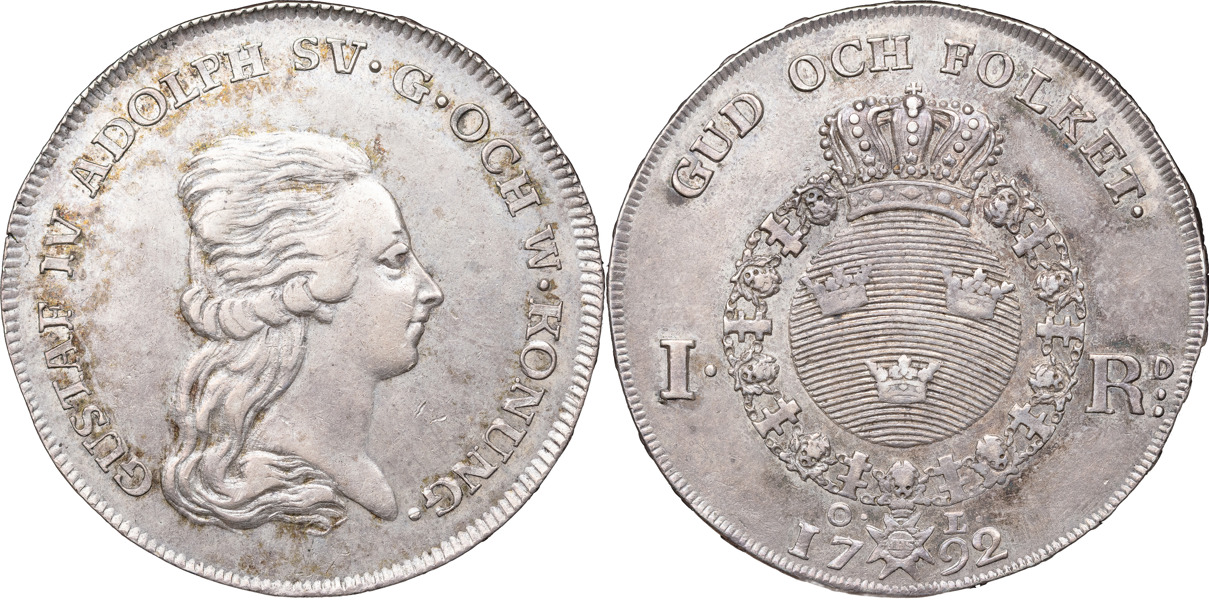 GUSTAV IV ADOLF (1792-1809). STOCKHOLM. Riksdaler 1792.