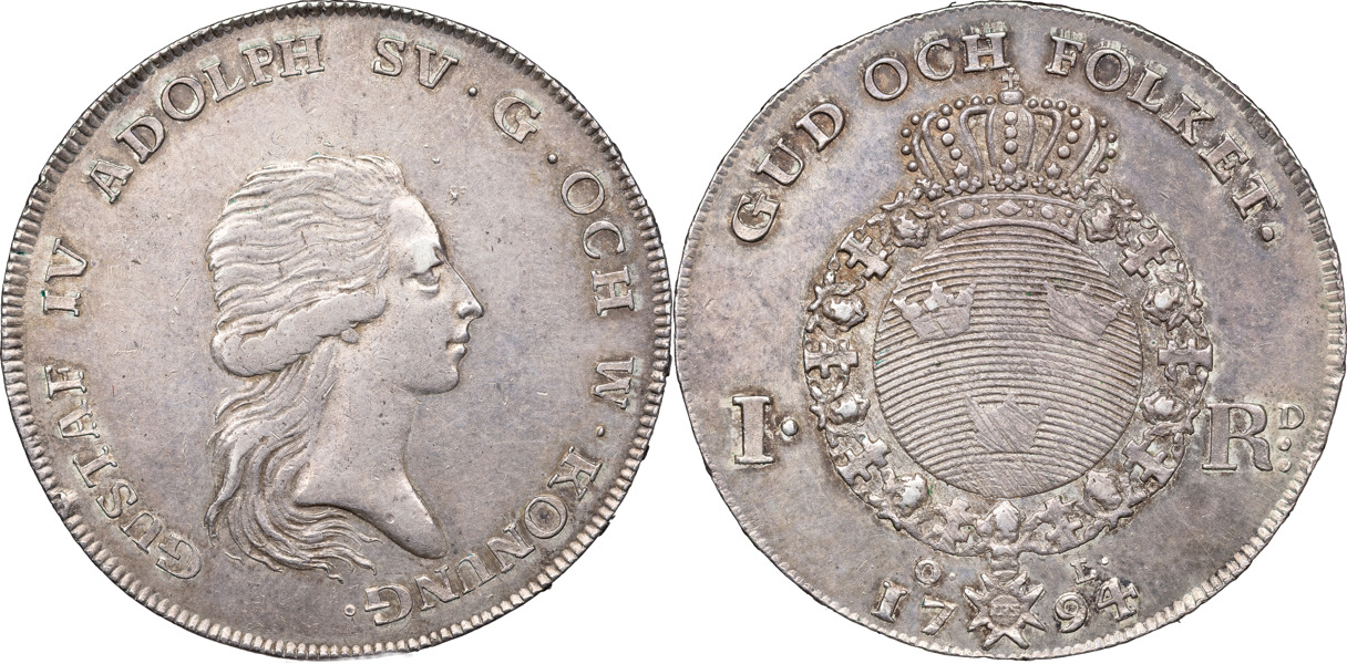 GUSTAV IV ADOLF (1792-1809). STOCKHOLM. Riksdaler 1794.