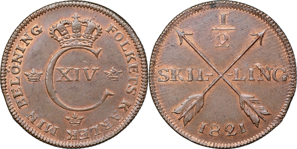 KARL XIV JOHAN (1818-1844). AVESTA. 1/2 skilling 1821.