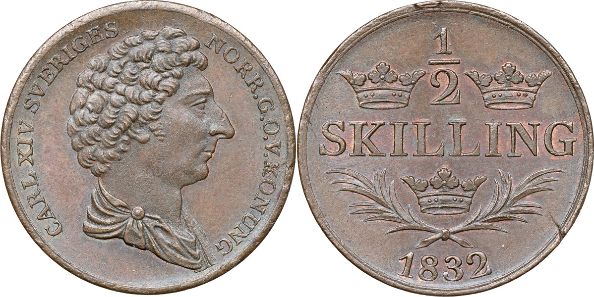 KARL XIV JOHAN (1818-1844). STOCKHOLM. 1/2 skilling 1832.