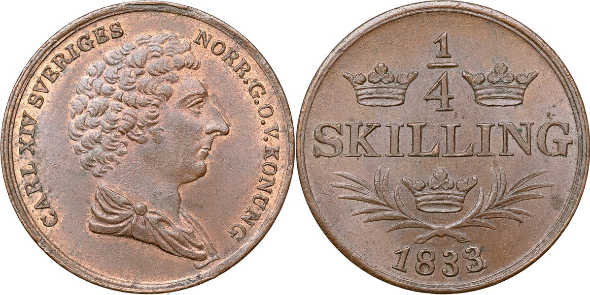 KARL XIV JOHAN (1818-1844). STOCKHOLM. 1/4 skilling 1833.
