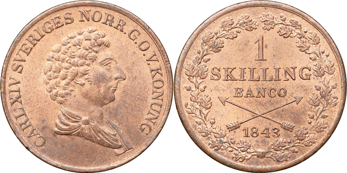 KARL XIV JOHAN (1818-1844). STOCKHOLM. Skilling banco 1843.