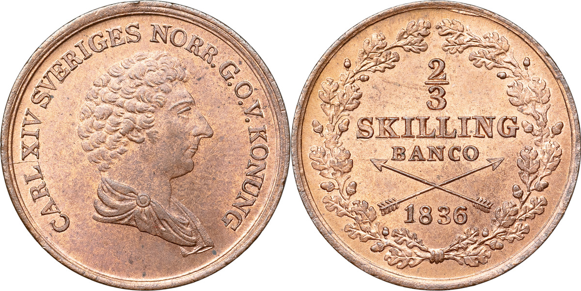 KARL XIV JOHAN (1818-1844). STOCKHOLM. 2/3 skilling banco 1836.