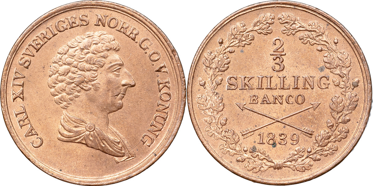KARL XIV JOHAN (1818-1844). STOCKHOLM. 2/3 skilling banco 1839.