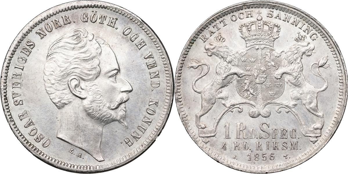 OSKAR I (1844-1859). 4 riksdaler riksmynt 1856. 1855 års bild.
