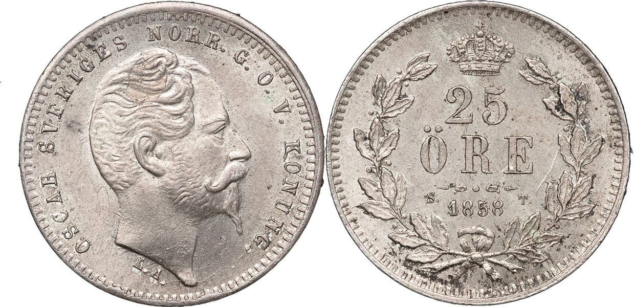 OSKAR I (1844-1859). 25 öre 1858.