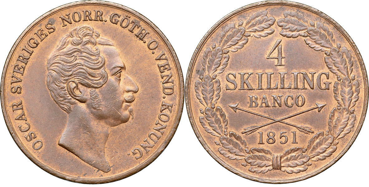 OSKAR I (1844-1859). 4 skilling banco 1851.