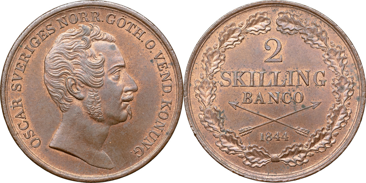 OSKAR I (1844-1859). 2 skilling banco 1844.