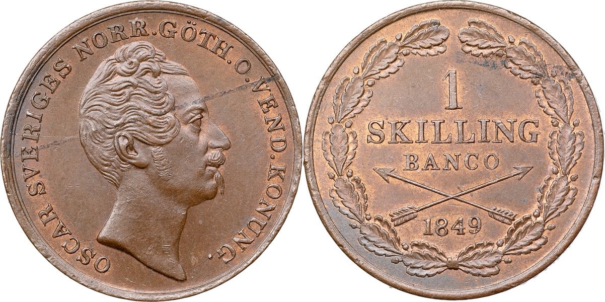 OSKAR I (1844-1859). Skilling banco 1849.