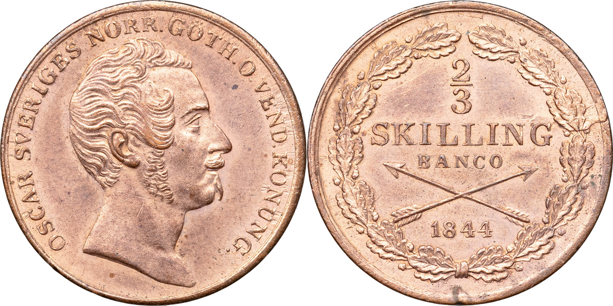 OSKAR I (1844-1859). 2/3 skilling banco 1844.