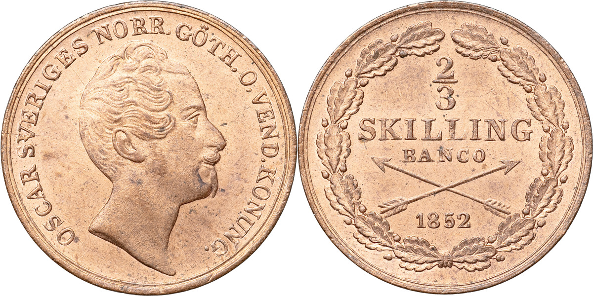 OSKAR I (1844-1859). 2/3 skilling banco 1852.