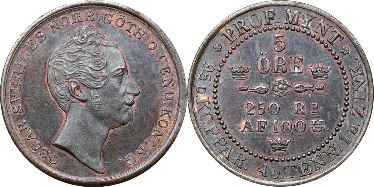 OSKAR I (1844-1859). Provmynt utan årtal för 5 öre (1853/54).