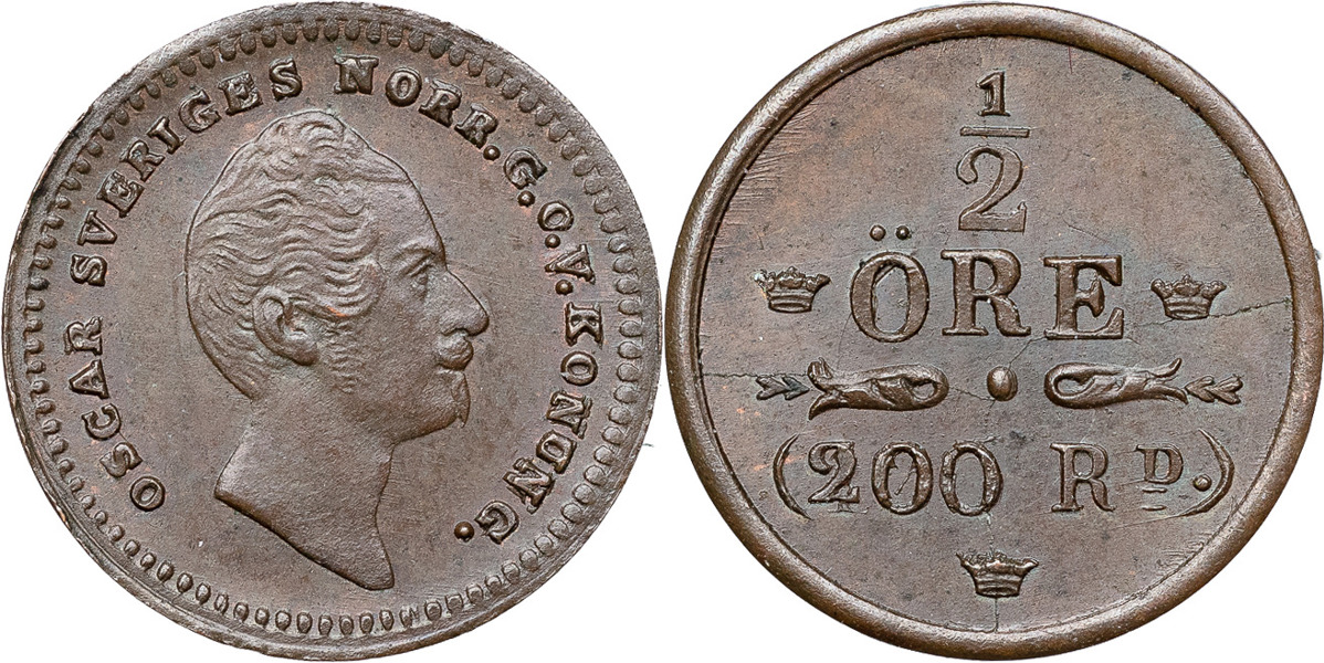 OSKAR I (1844-1859). Provmynt för 1/2 öre (1853/54).